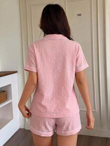 2件組女款睡衣套裝，附口袋、刺繡愛心、短袖短褲，四季可穿 - 粉色 - 查看 2