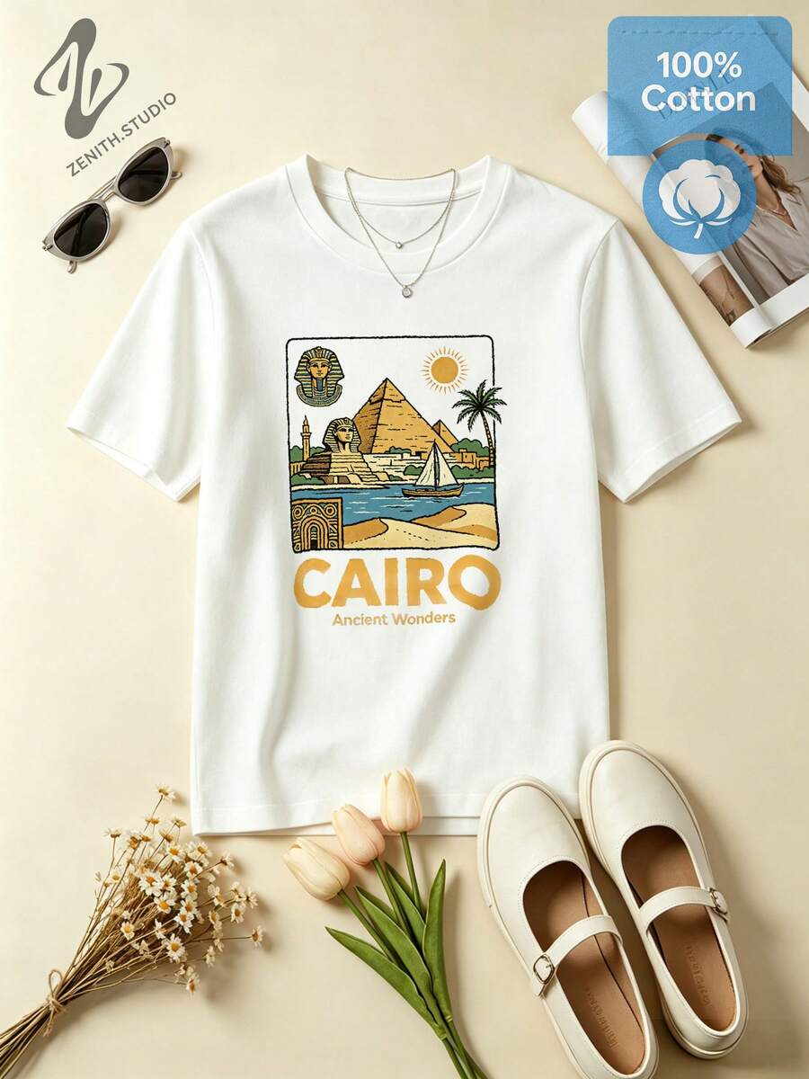 CAIRO Historic Pyramid & Desert Print Cotton Graphic T-Shirt For Exploration Vintage Look - 白色 - 查看 1