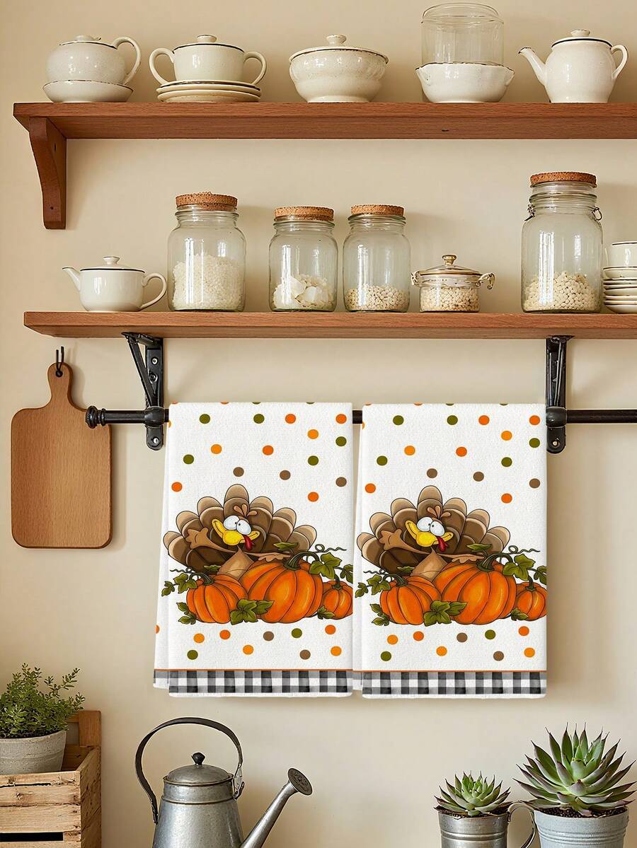 2 Stücke süße Cartoon-Truthahn-Kürbis-Küchenhandtücher, orange-grüne Punkt-Büffelkaros Herbst-Geschirrtücher, weiche saugfähige Kinder-Thanksgiving-Heimdekoration-Handtücher - Weiss - Übersicht 1