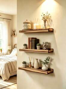 1/2/3pcs Vintage Wooden Wall Decor Shelves, Floating Shelves With Stoppers, Bohemian Style Bathroom And Kitchen Wall Racks, Room Decor, Home Decor, Bedroom Decor, Wall Decor, Easy To Install, Suitable For All Seasons, Applicable For Bedroom, Living Room, Kitchen, Bathroom, Office - Wood Color - View 4