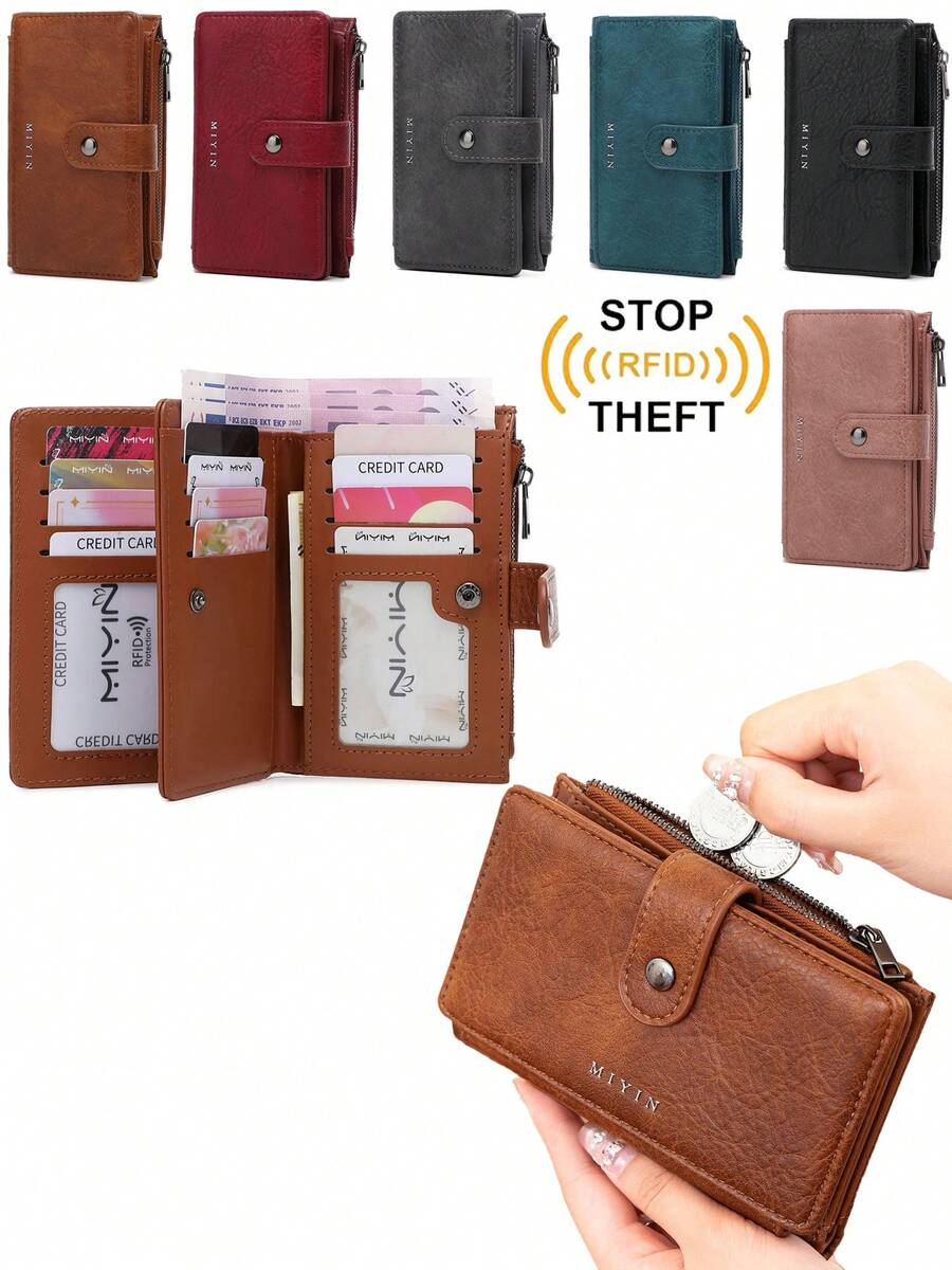 FOREVER MIYIN Solid Color RFID Bifold Wallets For Women, Minimal Hand Clutch Coin Purse Snap Multi Card Zipper Document Purse Daily Casual Essentials