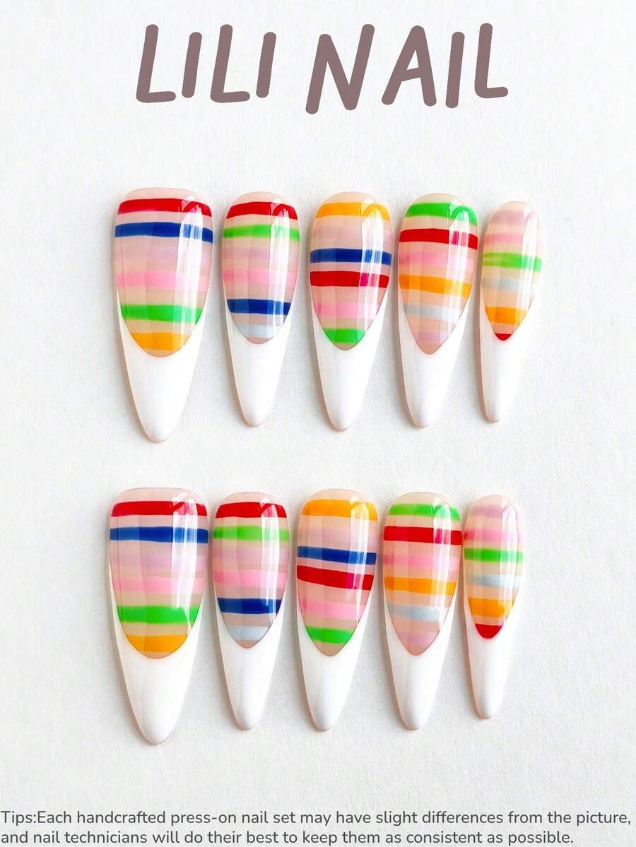 10pcs Handmade Press-On Nails, Long Pointed Shape, Reusable Nail Art Set, Cute Summer Style, Transparent, White, Rainbow Striped, French Tip, Hand-Painted, Suitable For Daily Wear And Parties, Includes Nail Tools