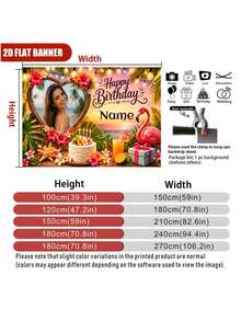 Customizable Photo & Name Summer Sunset Hawaii Theme Happy Birthday Backdrop, Pink Flamingo, Coconut Tree, Flower, Gift Box, Juice Design. Perfect For Hawaii Theme Birthday Party, Gift For Friends And Baby Shower Party. Suitable For Indoor And Outdoor Use. Vinyl Material - E - View 5