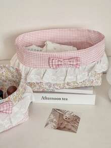 1pc Floral Lace Fabric Storage Basket Sweet Gentle Style Mother-Daughter Set Foldable Bedroom Dormitory Desktop Cosmetics Small Items Digital Products Organizer Container Home Decor Gift - View 6