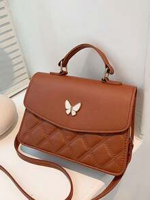 Classic Flap Crossbody Bag Embossed Grid Texture Butterfly Decor Compact Size Lightweight Daily Storage Handbag - Khaki - View 2