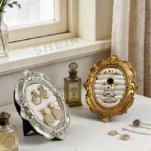 Vintage Baroque Oval Makeup Mirror, European Embossed Desktop Decorative Mirror, Gold And Silver Dual Color Set - Multicolor - View 2