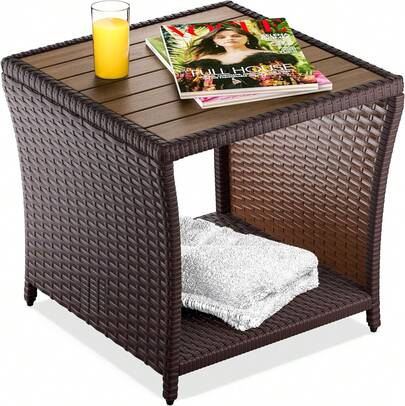 Beistelltisch Braun Wetterfest Klein Holz Polyrattan Akazie 45 X 45 X 40 80 Kg Tragfähigkeit Outdoor Tisch Gartentisch Balkontisch Gartenmöbel