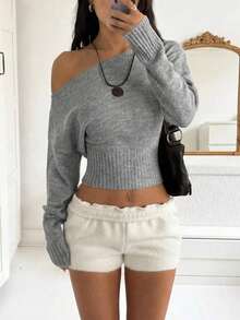 Sweater Rajut Bergaris Abu-abu Wanita dengan Bahu Terbuka, Pullover Lengan Panjang Potongan Pendek Pas Badan, Atasan Kasual Elastis Musim Gugur/Dingin - Grey - View 2