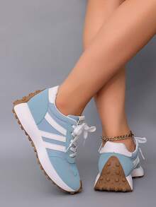 SOCTU Women's Round Toe Fashion Lace-Up Thick Sole Student Style Height-Increasing Casual Comfortable Running Sports Shoes - Baby Blue - View 5