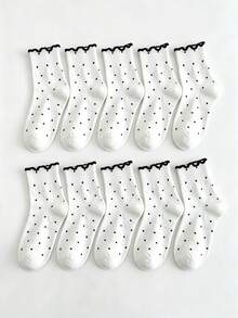 1 par/10 pares de calcetines cortos blancos con lunares dulces y borde de volantes, uso en todas las estaciones, ajuste versátil sin apretar, calcetines de algodón casuales para el uso diario, estilo coreano INS con lunares y encaje, estilo básico negro, calcetines cortos suaves para chica en todas las estaciones - Blanco - Ver 9