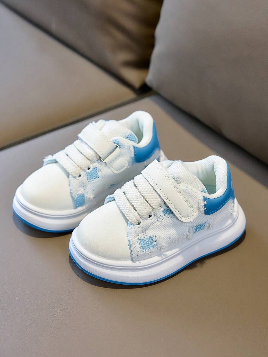 Kids' Distressed Ripped Mesh Casual Sneakers With Hook & Loop Strap, Thick Soft Sole - Blue - View 1