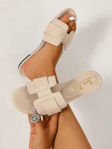 Ximi Ruo Sandal Selop Kasual Wanita Terbaru Musim Semi/Panas, Sandal Selop Pantai Luar Ruangan Minimalis Bertumit Rendah Ujung Bulat yang Nyaman dan Serbaguna dengan Hak Rendah, Sandal Datar Dekoratif Serbaguna untuk Wanita - Krem - View 5