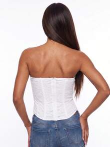 Women's Lace Corset Tops Sleeveless Strapless Solid Color Bustier Tube Tops - White - View 5