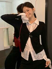 Korean Style Fashion 2 In 1 Black Shirt Collar Design Long Sleeve Top, Preppy Layered Versatile T-Shirt - Black - View 1