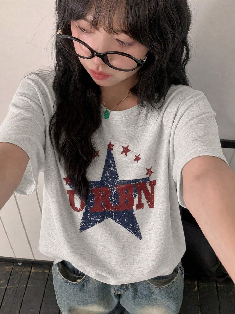 Y2K復古風女款夏季新款休閒純棉破舊五角星與字母印花短袖T恤上衣 - 淺花灰 - 查看 1
