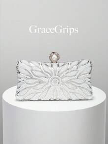 Women's Elegant/Pearl Pattern Design Box Clutch Evening Bag, Romantic Wedding Handbag, Charming/Exquisite Evening Gown Bag, Shiny White Box Clutch With Chain, Perfect Holiday Gift Choice. Comes With Metal Chain. - Silver - View 8
