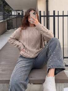 Women's Plus Size Chunky Knit Round Neck Long Sleeve Loose Pullover Sweater - Khaki - View 5