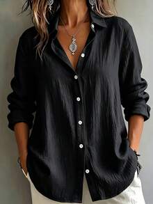 Casual Basic Women's Plus Size Long Sleeve Button-Up Shirt Autumn Black - Black - View 1