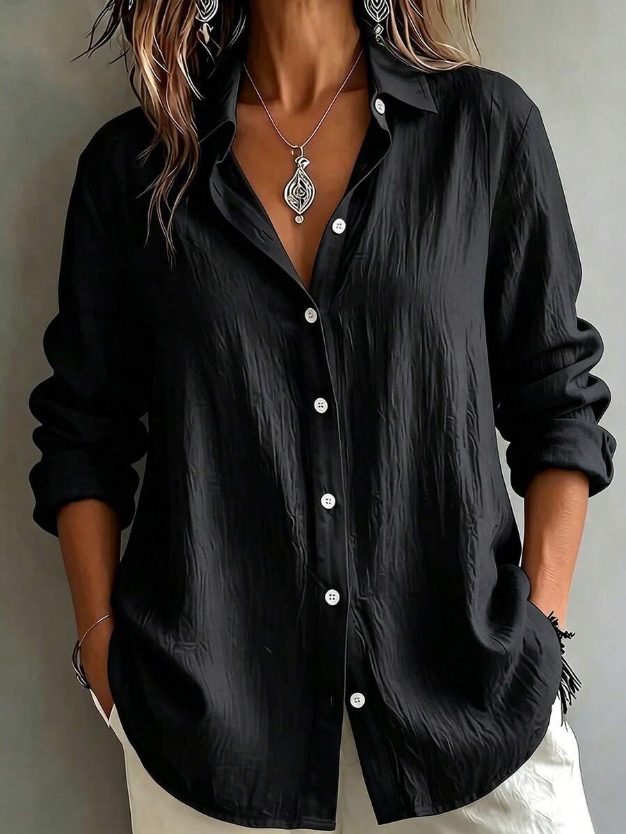 Casual Basic Women's Plus Size Long Sleeve Button-Up Shirt Autumn Black - Black - View 1