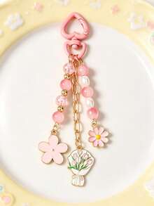 1pc Daisy Heart Keychain, Striped Beaded Tulip Flower Bag Charm - Multicolor - View 9