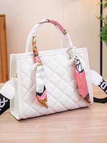 2026 Elegant Women's Handbag Embroidered Rhombus Tote Bag Premium Shoulder Crossbody Square Bag Scarf Decor Large Capacity Commuter Style Gift For Her - Multicolor - View 9
