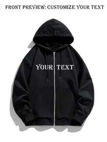 Sudadera con capucha negra extragrande para hombre con cremallera, texto personalizado en la parte delantera y estampado gráfico grande en la espalda, ropa deportiva casual para uso diario - Negro - Ver 2