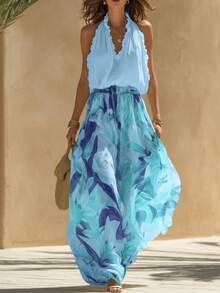 Women's Spring/Summer Halter Neck Top & Elegant Floral Long Pants 2-Piece Set, Casual Daily & Vacation Outfit - Blue - View 1
