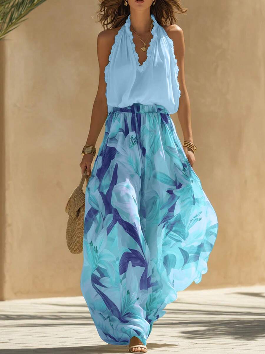 Women's Spring/Summer Halter Neck Top & Elegant Floral Long Pants 2-Piece Set, Casual Daily & Vacation Outfit - Blue - View 1