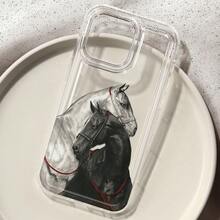 復古黑白雙馬素描藝術手機殼，相容 iPhone 13 15 16 17pro 17 14 17 17pro Max 15Pro 14Pro，相容 Galaxy/A54 A14 A15 S23 S24 S24ultra S25 A07 A17 S26 A57，高級防震硬殼，創意逼真馬匹圖案，獨特小眾設計 - 彩色 - 查看 2