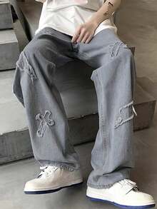 Tween Boy Distressed Lightning Cross Patchwork Embroidered Elastic Waist Jeans - Grey - View 5