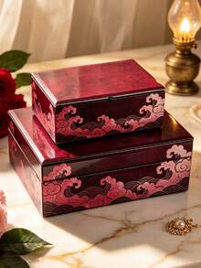 Set Of 2 Large Capacity Chinese Style Printed Glass Jewelry Box, Black Velvet Lined Rectangular Vintage Decorative Accessory Storage Organizer For Bedroom Vanity Wedding Holiday Gift - Royal Crimson Wave - View 1