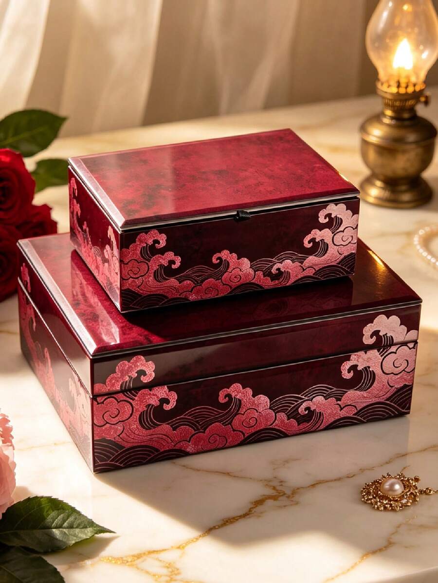 Set Of 2 Large Capacity Chinese Style Printed Glass Jewelry Box, Black Velvet Lined Rectangular Vintage Decorative Accessory Storage Organizer For Bedroom Vanity Wedding Holiday Gift - Royal Crimson Wave - View 1