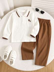 2pcs/Set Boys Autumn/Winter Fashion Cute POLO Collar Long Sleeve T-Shirt And Casual Long Pants Set - White - View 2