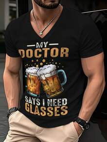 Beer Glass Sublimation Printed Men's V-Neck Shirt, Fashionable And Casual Street Style Short Sleeved Top, Machine Washable - Multicolor - View 2