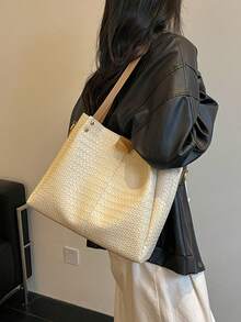 Premium Large Capacity Commuter Tote Bag For Women 2026 New Woven Texture Handbag Fashion Crossbody Shoulder Underarm Bag - Beige - View 10