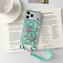 1pc Summer Green Butterfly Card Holder Phone Case With Hand Strap, Compatible With IPhone17/17 Pro Max/16 Pro Max/16 PLUS/16/15/14 PRO MAX/14/13pro/12/11 - Green - View 4