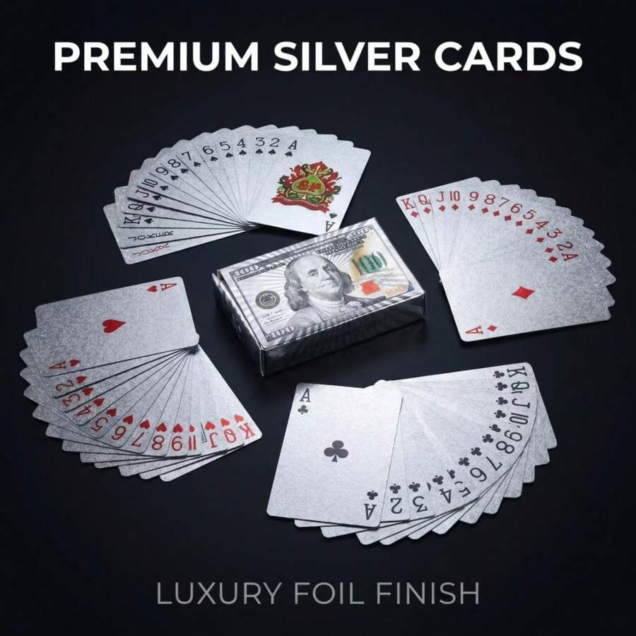 Silver Foil $100 Bill Pattern Waterproof Playing Cards, Premium Metallic Tone Poker Card Set, Suitable For Game Night, Party, Creative Collection - Multicolor - View 1