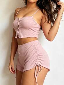 Conjunto de pijama de camiseta de tirantes y pantalones cortos con cordón para mujer, adecuado para primavera, verano y otoño - Rosa - Ver 2