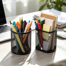 Side-Mount Creative Semi-Circular Magnetic Pen Holder, Office Desk Student Stationery Makeup Brush Metal Mesh Storage Box - A - View 1