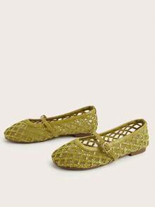 Women's Pink Round Toe Closed Toe Mesh Breathable Crochet Slip-On Flat Sandals - Olive Green - View 2