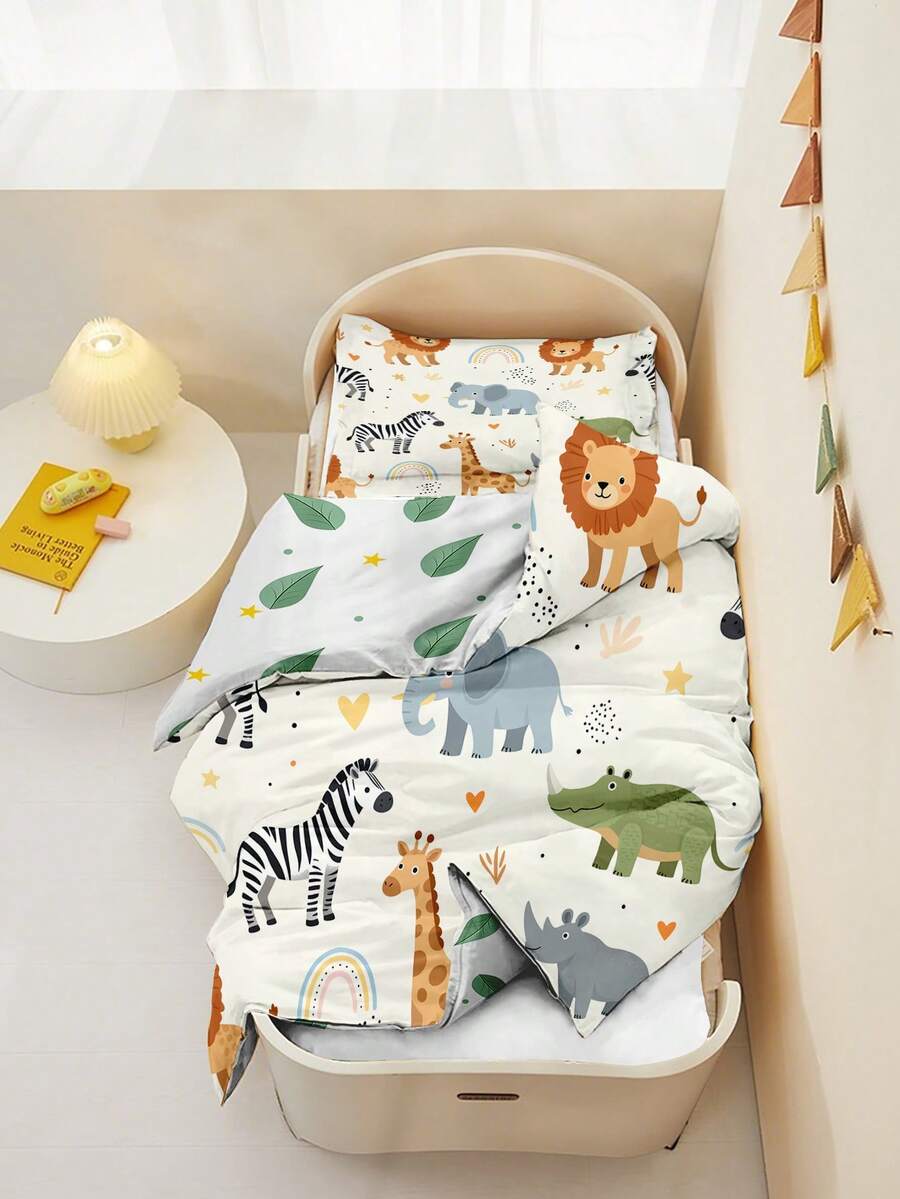 2pcs Safari Jungle Animal Toddler Bedding Set, Cute Cartoon Lion Elephant Giraffe Duvet Cover Set, Suitable For Boys And Girls Bedroom Decor - Multicolor - View 1