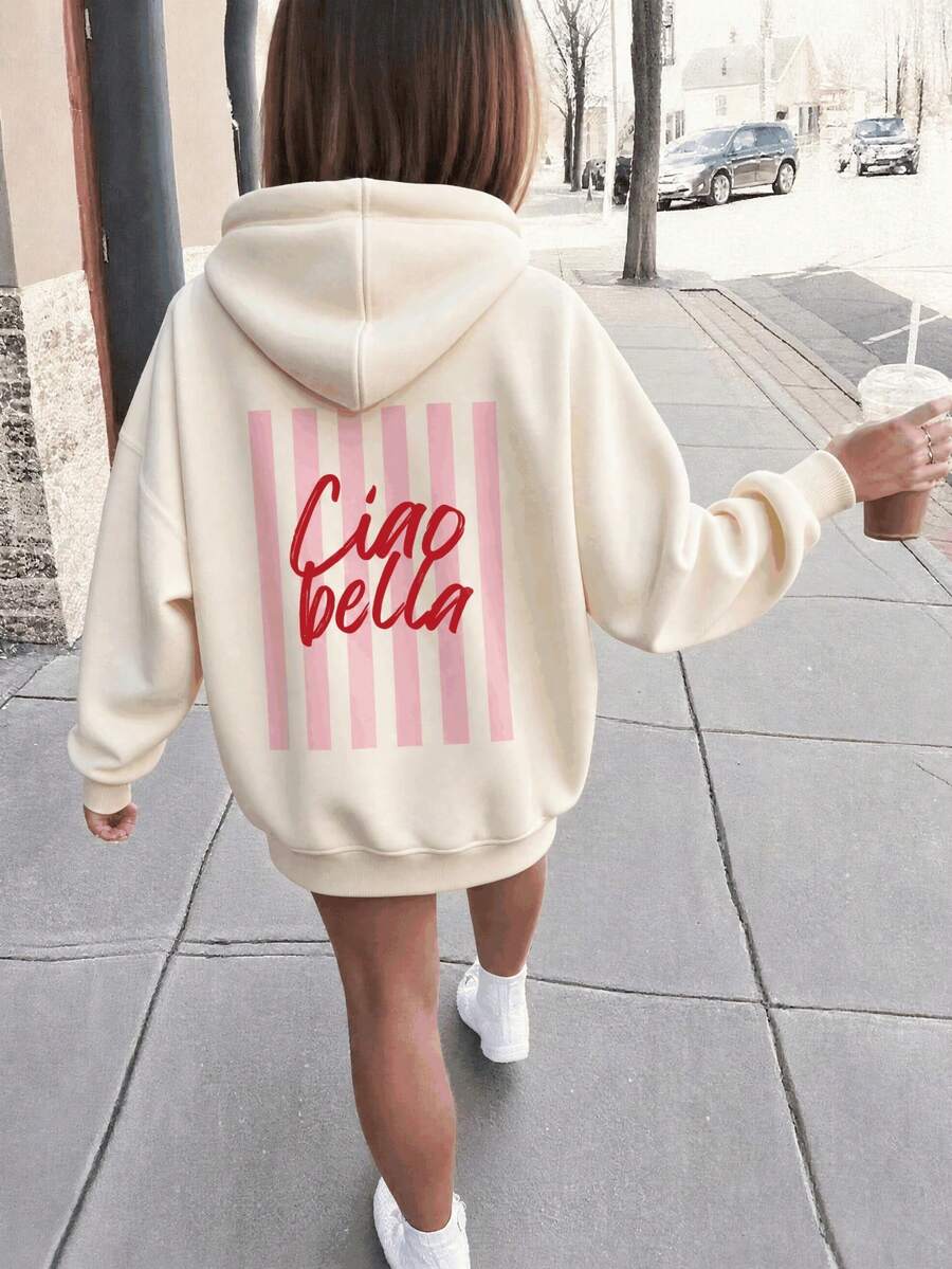 1pc Tween Girls Hooded Sweatshirt With Sweet Back Print, Pink Vertical Stripes Ciao Bella Handwritten Letter Pattern, Loose Fit Casual Pullover Sweatshirt, Gentle And Fresh Everyday Wear - Apricot - View 1