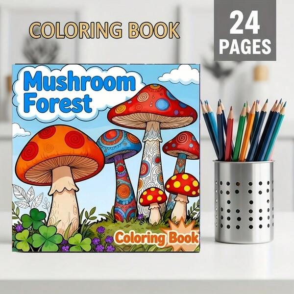 1pc Mushroom Forest Coloring Book, 7.87x 7.87 Inches, Large-Scale Fine Line Art With Labeled Mushrooms, Leaves And Houses, Suitable For Party, Birthday, Halloween Gift, Holiday Gift
