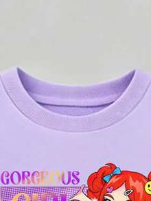 Young Girl Cartoon Print Round Neck Long Sleeve Top And Leggings - Purple - View 4
