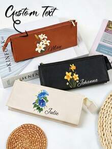 Customized Pencil Case, Personalized Name Pencil Box, Floral Print, Large Capacity Design, Unisex For Students, Personalized Customization, Reusable, Large Capacity, Suitable For Stationery, Lipstick, Makeup Brushes, Eyebrow Pencils Storage, Gift For Family, Friends, Students, Professionals, Teachers, Suitable For Business Office And Campus Life, Back To School Gift, Teacher Gift - Multicolor - View 4