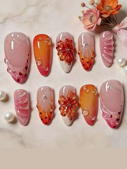24pcs Medium Almond Shaped Fake Nails, Nude Mirror Powder Amber Press-On Nails, Realistic Artificial Nails For Women, Suitable For Spring/Summer Daily, Vacation, Party, Holiday Nail Decoration