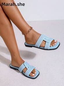 PWIIMG Women's Summer Casual Fashion Blue Flat Sandals, Elegant Square Toe Slip-On Flat Sandals For Outdoor Commute, Home, Family Party, Beach Wear, Water-Friendly, Solid Color, Beach Vacation, Elegant Casual Commute Buckle Outdoor - Baby Blue - View 6