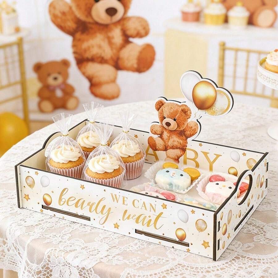 We Can Bearly Wait 熊造型木製蛋糕托盤,嬰兒派對杯子蛋糕甜點收納木盒 - 彩色 - 查看 1