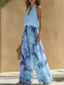 Women's Spring/Summer Halter Neck Top & Elegant Floral Long Pants 2-Piece Set, Casual Daily & Vacation Outfit - Blue - View 3