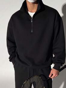 ZYNTH BALENO Men's Autumn/Winter Zip-Up Turn Collar Sweatshirt, Suitable For Sports, Classic Solid Color Long Sleeve Black - Black - View 6
